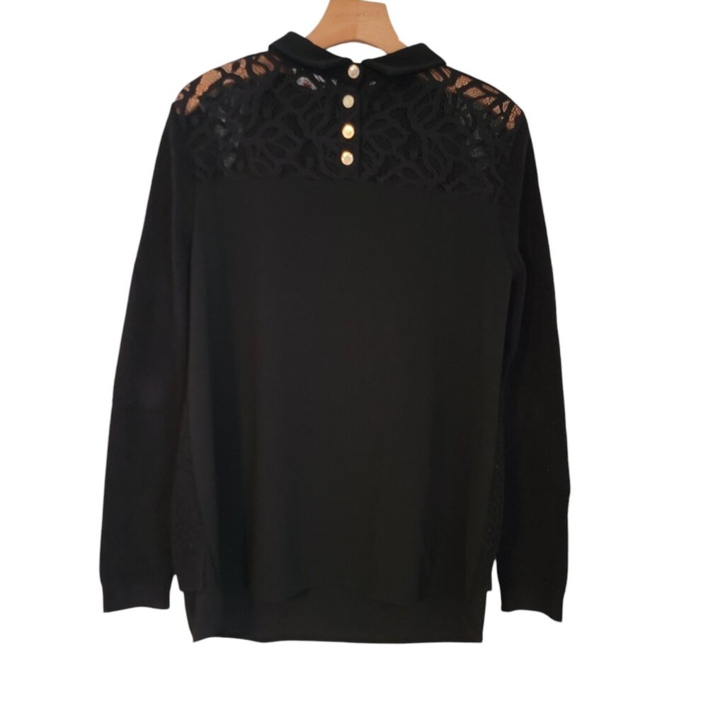 KARL LAGERFELD Paris Top Women Black Top Long Sleeve Lace Shoulders SIZE S‎